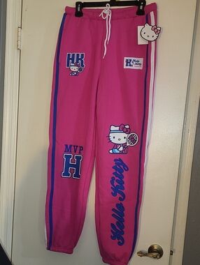 Hello Kitty Bright Pink Logo Track Joggers with Blue Trim